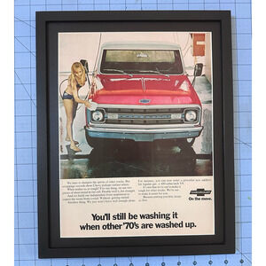 Framed 1970 Chevrolet On The Move Girl Washing Truck Vintage Print Ad Bikini